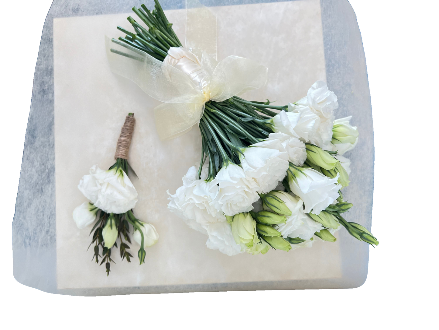 White Eustoma Bridal Bouquet Set with Boutonniere