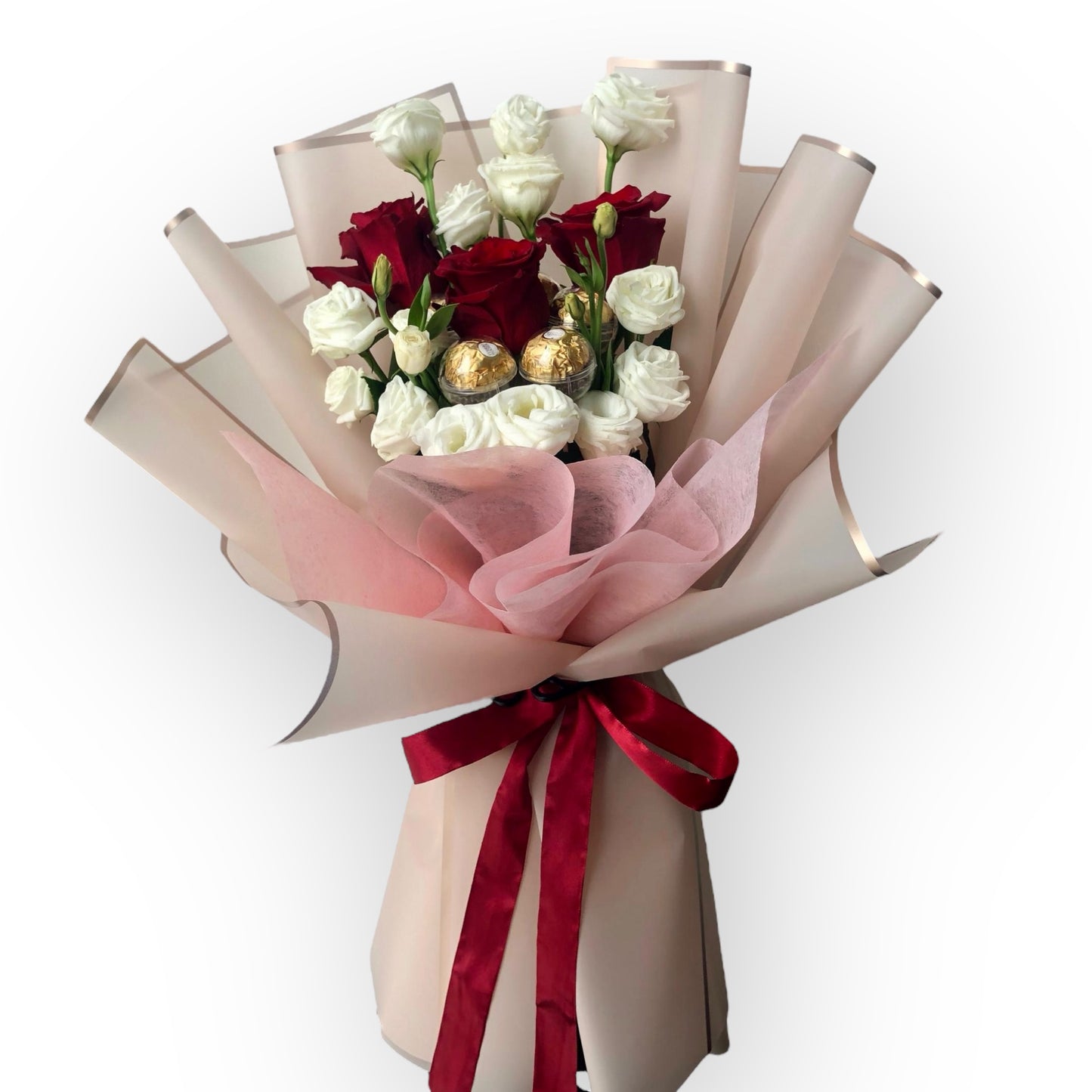 Pretty Sweety Red Rose and White Eustoma
