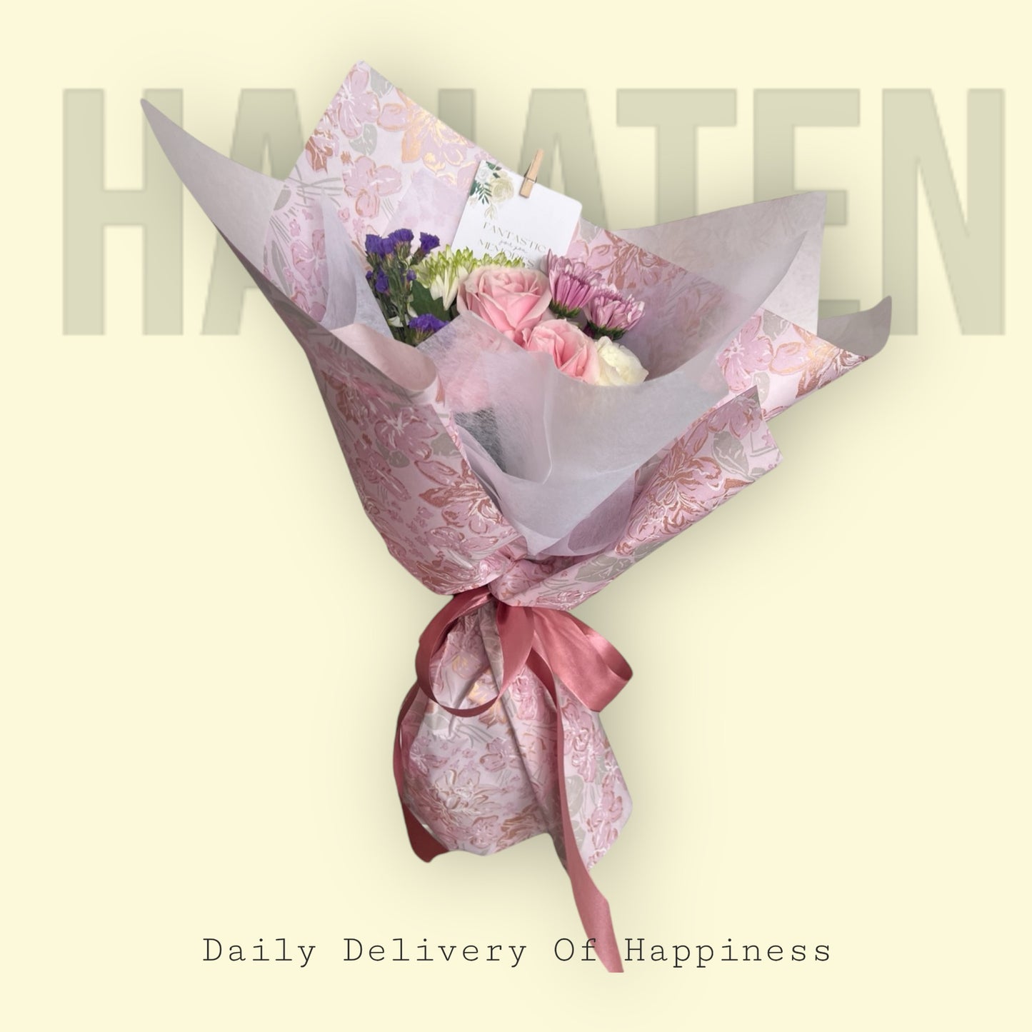 Sweet Pink Mix Flowers In Pink Floral Wrappers Hand Bouquet