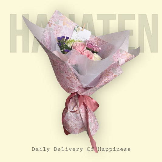 Sweet Pink Mix Flowers In Pink Floral Wrappers Hand Bouquet