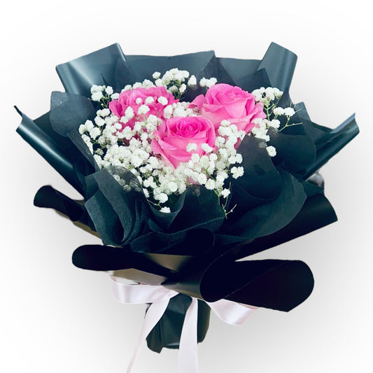 Sweet 3 Pink Roses With Baby Breath