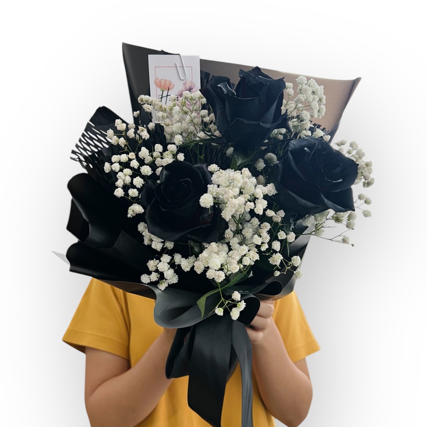 3 Black Roses with Baby Breath