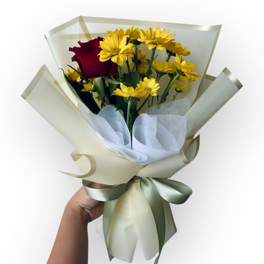 Happy Love Red Rose and Yellow Chrysanthemum