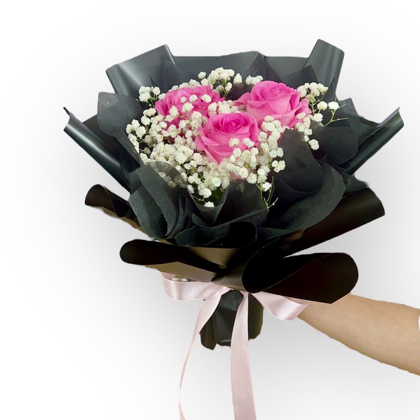 Sweet 3 Pink Roses With Baby Breath