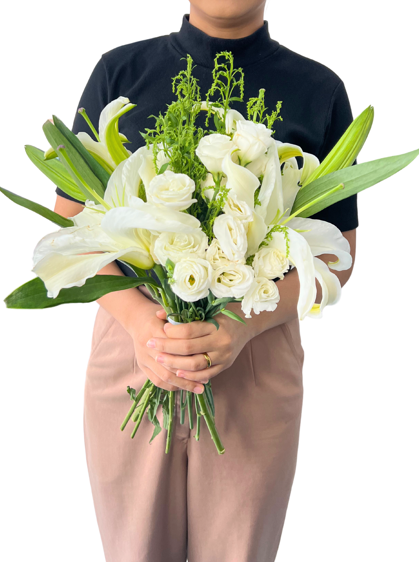White Lily and Eustoma Bridal Bouquet Set with Boutonniere (Pre-Order are required)