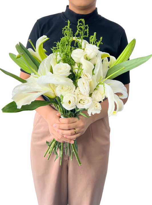 White Lily and Eustoma Bridal Bouquet Set with Boutonniere (Pre-Order are required)