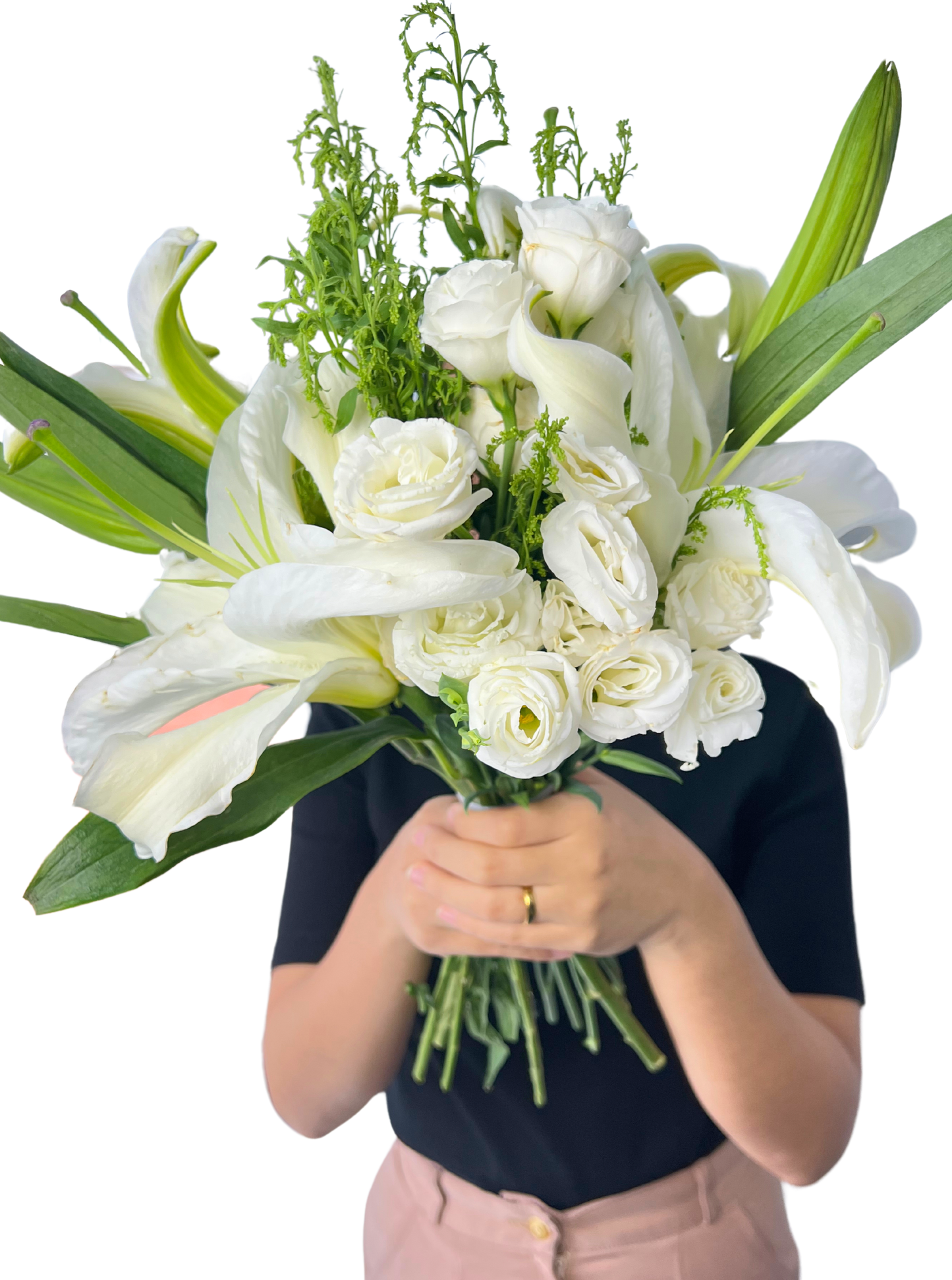 White Lily and Eustoma Bridal Bouquet Set with Boutonniere (Pre-Order are required)