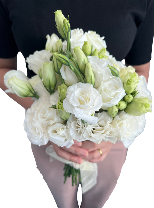 White Eustoma Bridal Bouquet Set with Boutonniere