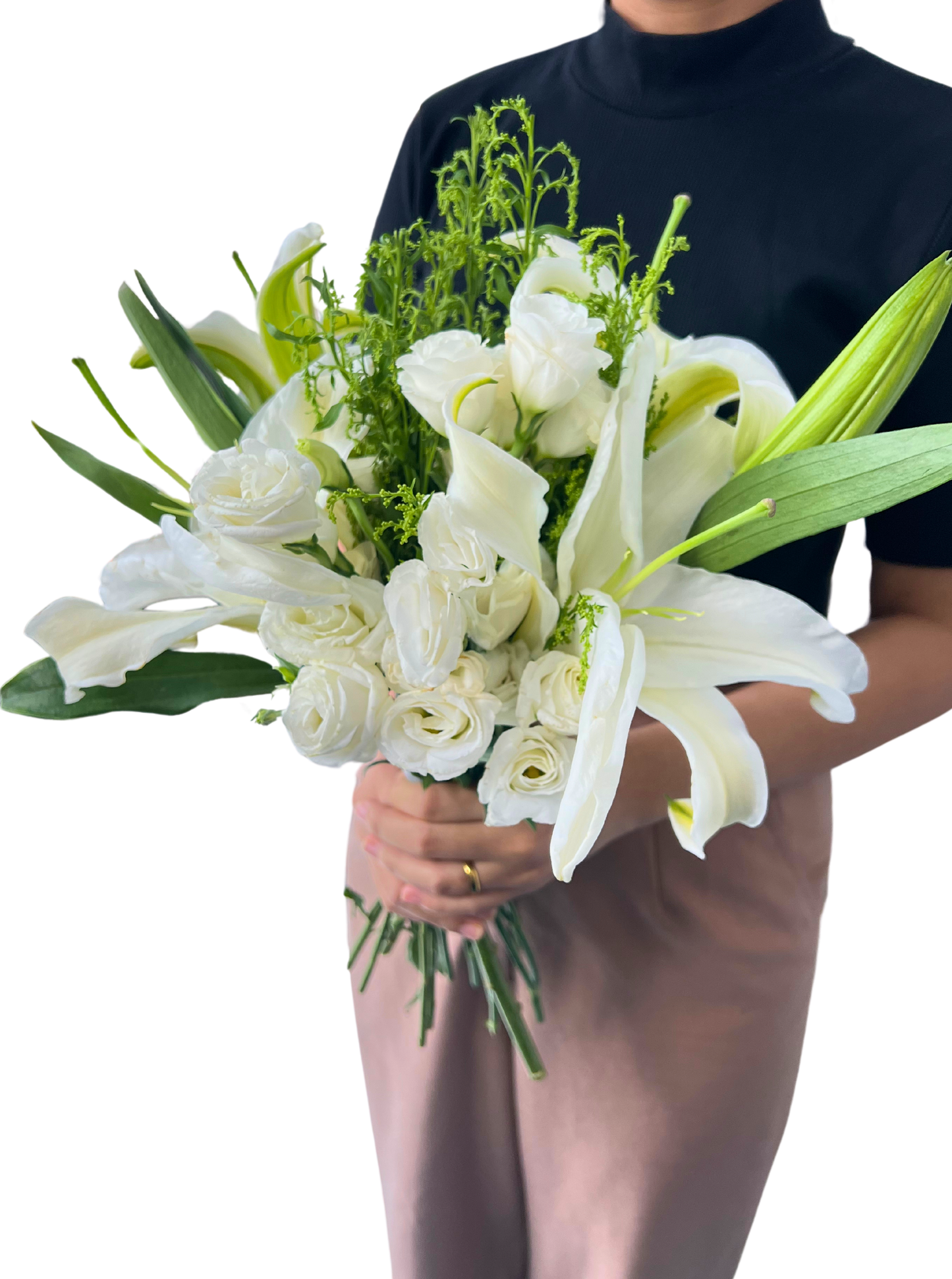 White Lily and Eustoma Bridal Bouquet Set with Boutonniere (Pre-Order are required)